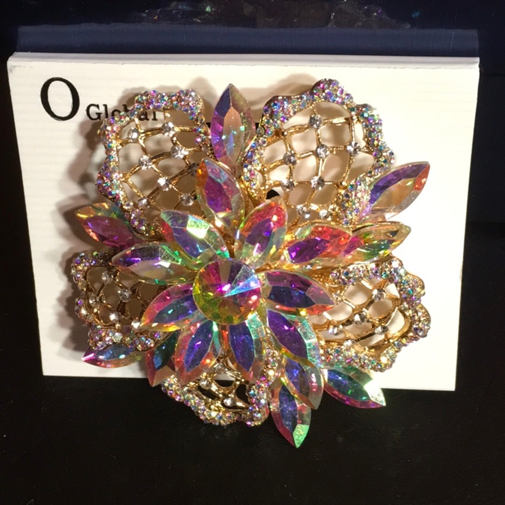 AURORA BOREALIS RHINESTONE GOLD TONE PIN BROOCH - Picture 8 of 10